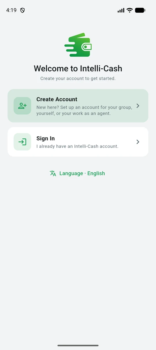 The Intelli-Cash welcome screen with Create Account and Sign In