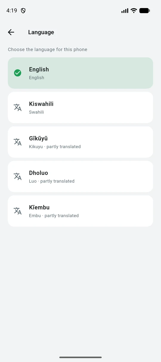 The language picker showing English, Kiswahili, Gikuyu, Dholuo and Kiembu