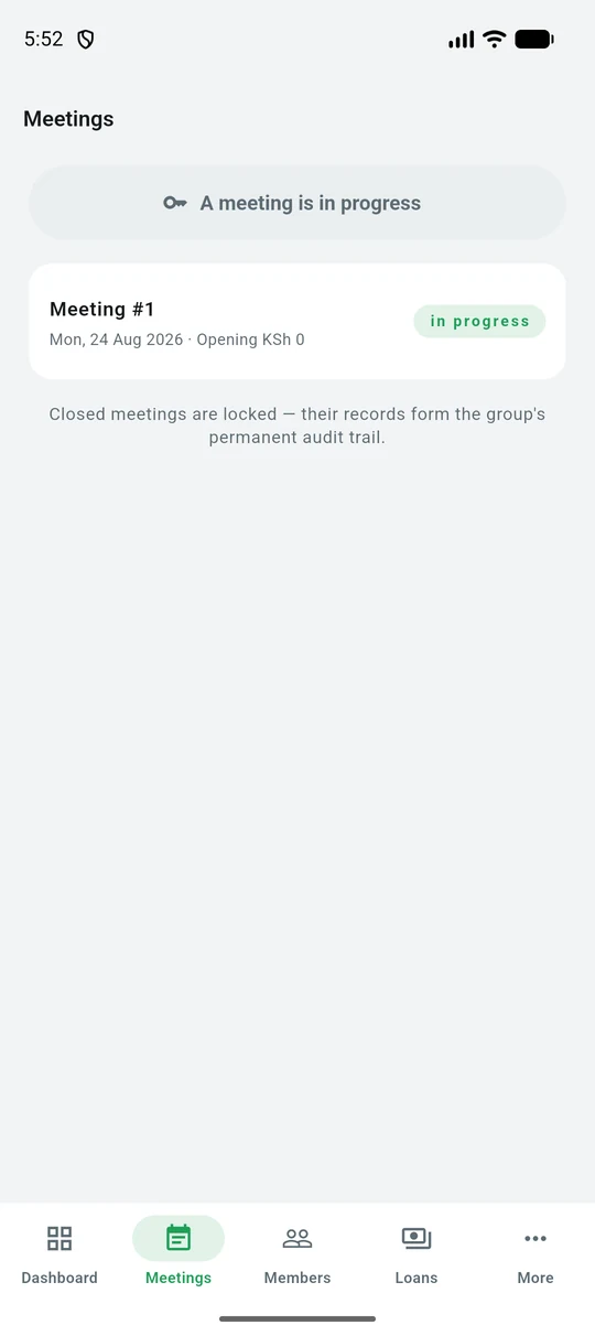 The meetings list showing one meeting in progress