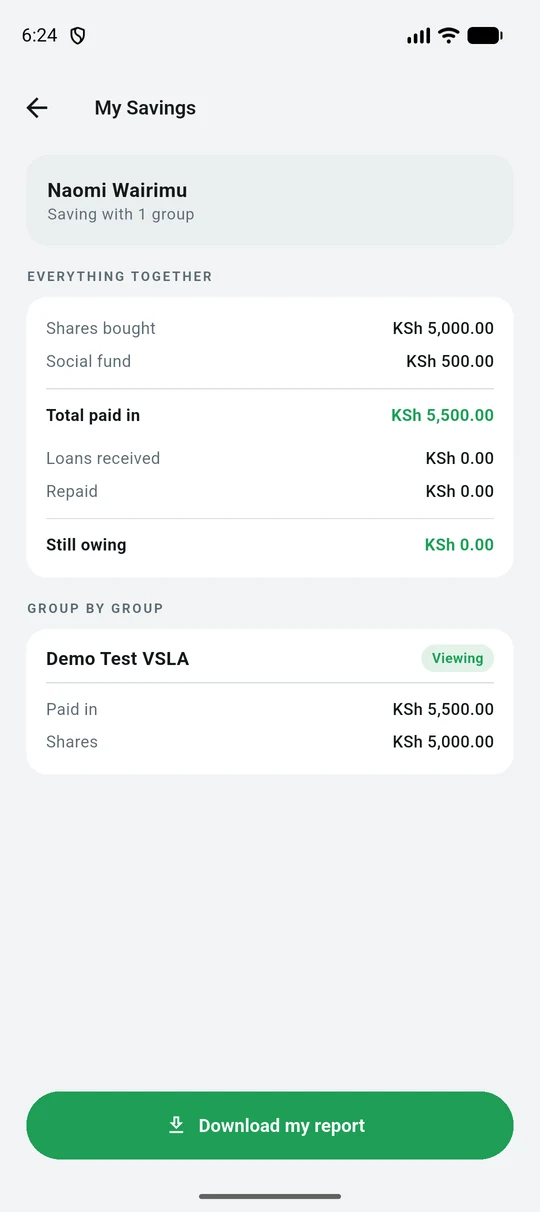 My Savings totalling one member's savings across the groups they belong to