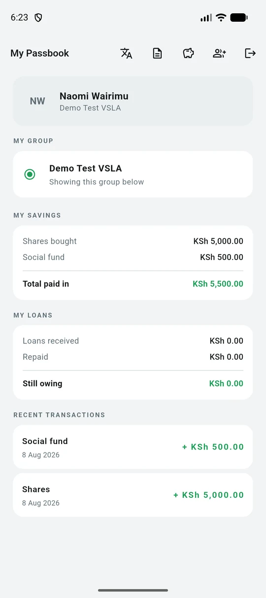 A member's passbook showing their savings and what they owe