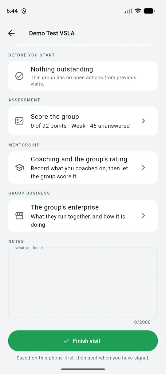 The whole visit document with a Finish visit button