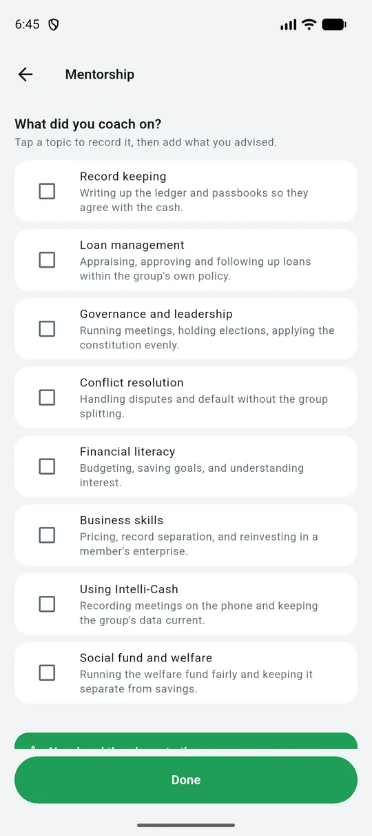 Mentorship topics an agent can record having coached on